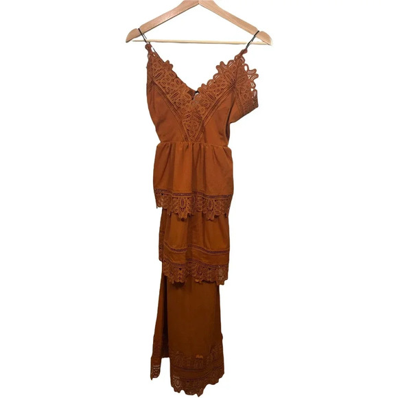 Self-Portrait Ivy Lace Trim Open-Back Midi Dress Burnt Orange  Size 8 - Picture 3 of 11